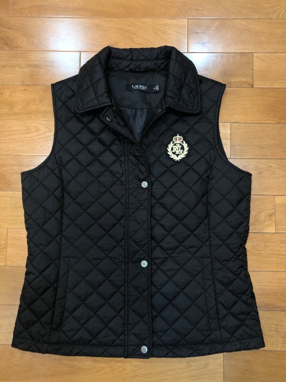 Lauren Ralph Lauren Quilted Crest Vest Black M Full Zip Snap Preppy Equestrian